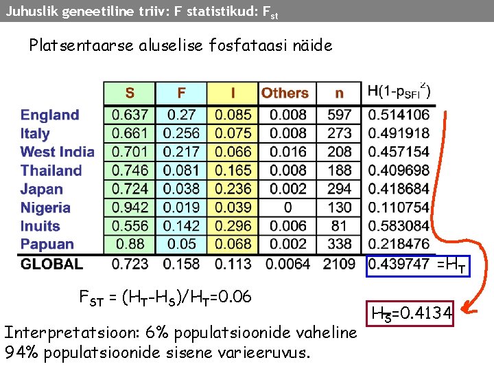 Juhuslik geneetiline triiv: F statistikud: Fst Platsentaarse aluselise fosfataasi näide =HT FST = (HT-HS)/HT=0.