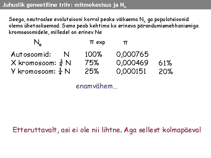 Juhuslik geneetiline triiv: mitmekesisus ja Ne Seega, neutraalse evolutsiooni korral peaks väiksema N e