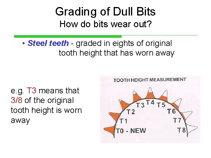 Grading of Dull Bits How do bits wear out? • Steel teeth - graded
