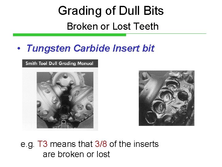 Grading of Dull Bits Broken or Lost Teeth • Tungsten Carbide Insert bit e.