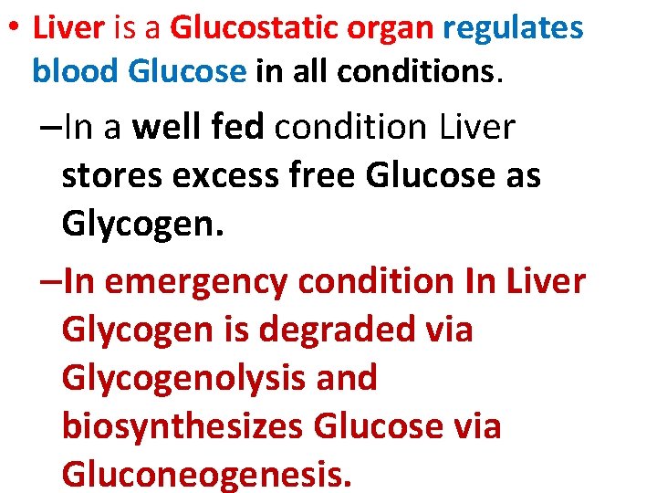  • Liver is a Glucostatic organ regulates blood Glucose in all conditions. –In