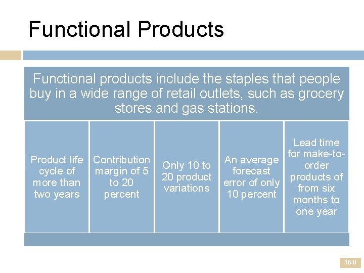 Functional Products Functional products include the staples that people buy in a wide range