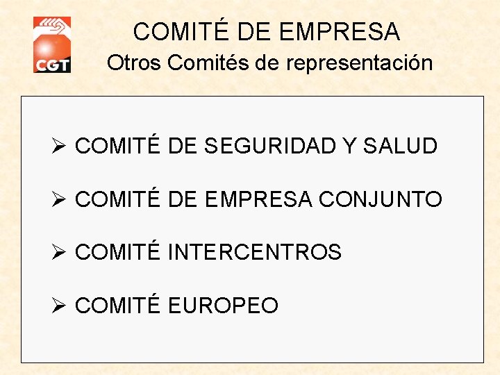 COMITÉ DE EMPRESA Otros Comités de representación COMITÉ DE SEGURIDAD Y SALUD COMITÉ DE