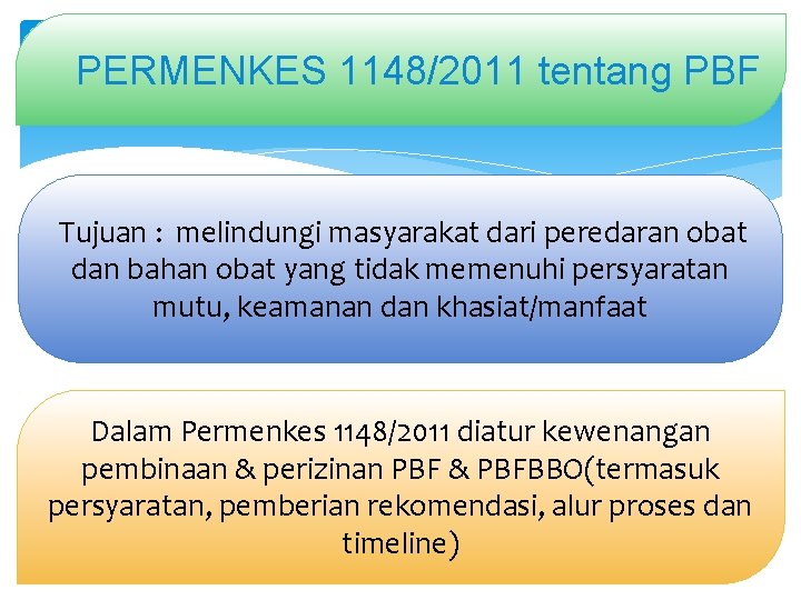 PERMENKES 1148/2011 tentang PBF Tujuan : melindungi masyarakat dari peredaran obat dan bahan obat