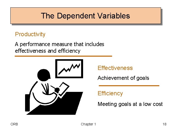 The Dependent Variables Productivity A performance measure that includes effectiveness and efficiency Effectiveness Achievement
