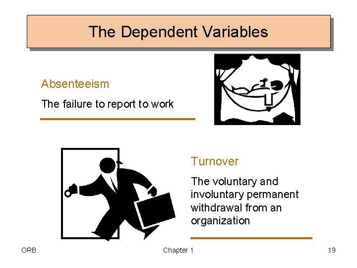 The Dependent Variables Absenteeism The failure to report to work Turnover The voluntary and