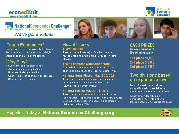 We’ve gone Virtual! Teach Economics? Your students may have what it takes to compete