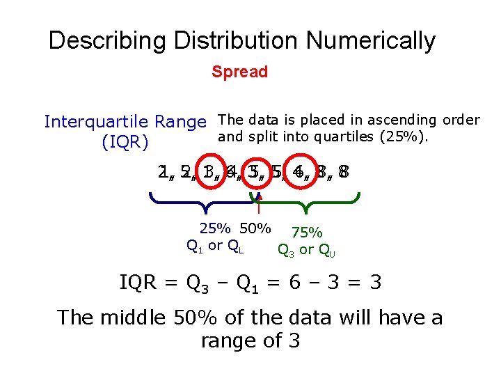 Describing Distribution Numerically Spread Interquartile Range The data is placed in ascending order and