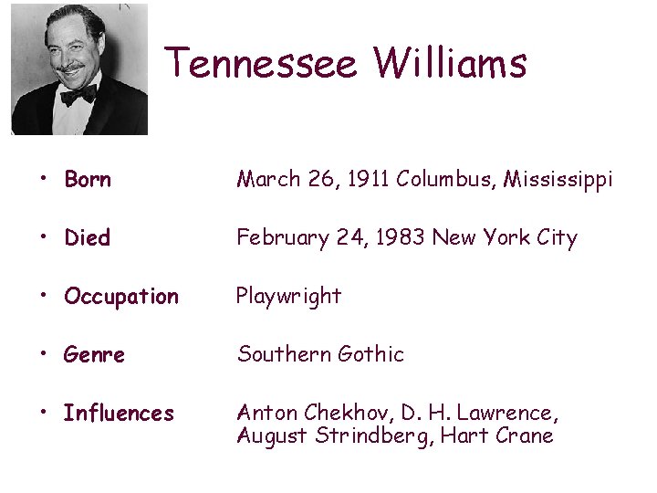Tennessee Williams • Born March 26, 1911 Columbus, Mississippi • Died February 24, 1983