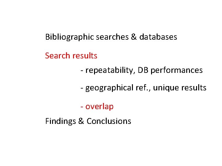 Bibliographic searches & databases Search results - repeatability, DB performances - geographical ref. ,