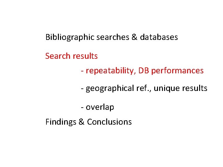 Bibliographic searches & databases Search results - repeatability, DB performances - geographical ref. ,