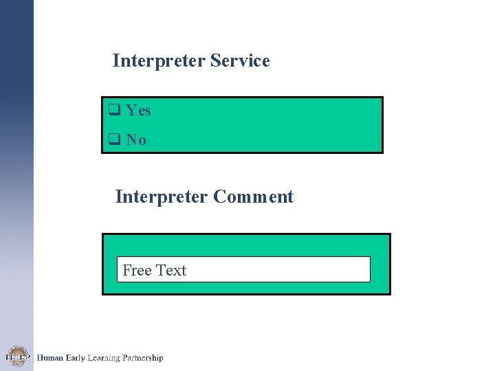 Interpreter Service q Yes q No Interpreter Comment Free Text 