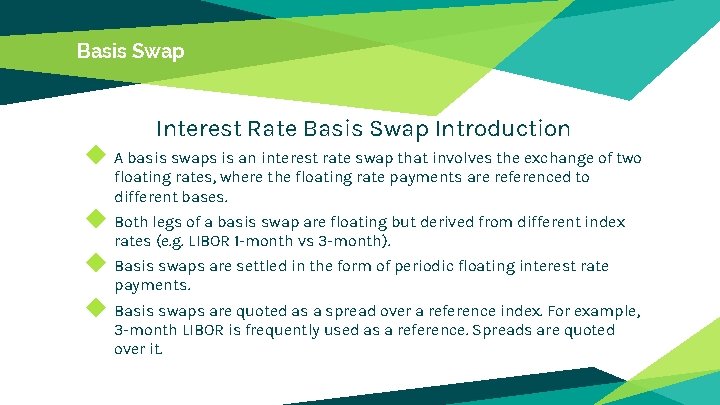 Basis Swap Interest Rate Basis Swap Introduction ◆ A basis swaps is an interest