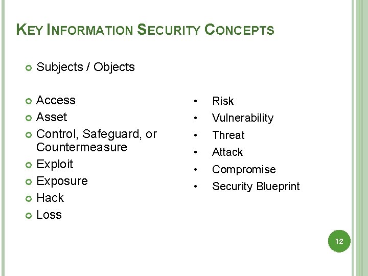 KEY INFORMATION SECURITY CONCEPTS Subjects / Objects Access Asset Control, Safeguard, or Countermeasure Exploit