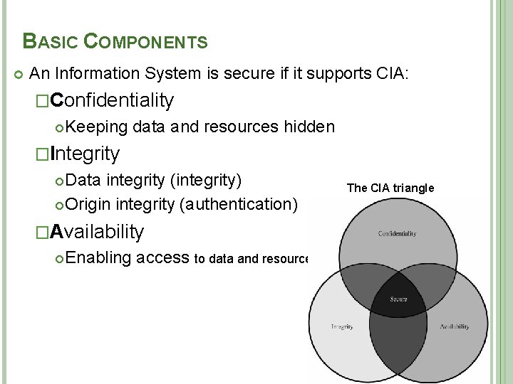 BASIC COMPONENTS An Information System is secure if it supports CIA: �Confidentiality Keeping data