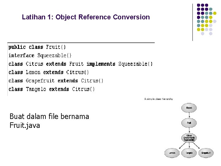 Latihan 1: Object Reference Conversion Buat dalam file bernama Fruit. java 