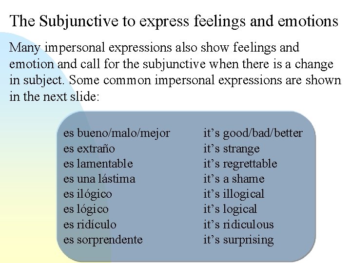 The Subjunctive to express feelings and emotions Many impersonal expressions also show feelings and