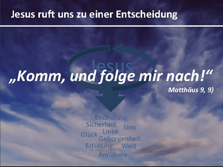 Jesus ruft uns zu einer Entscheidung Jesus „Komm, und folge mir nach!“ Matthäus 9,