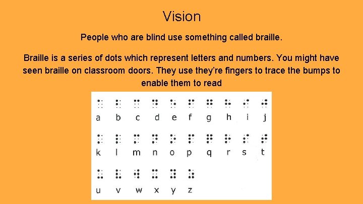 Vision People who are blind use something called braille. Braille is a series of