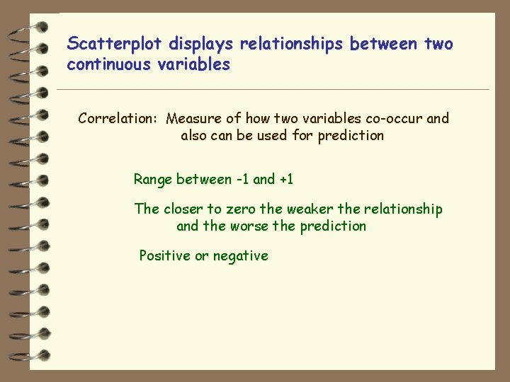 Scatterplot displays relationships between two continuous variables Correlation: Measure of how two variables co-occur
