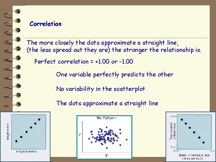 Correlation The more closely the dots approximate a straight line, (the less spread out