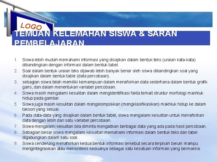 LOGO TEMUAN KELEMAHAN SISWA & SARAN PEMBELAJARAN 1. 2. 3. 4. 5. 6. 7.