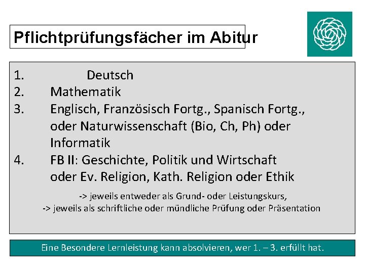 Pflichtprüfungsfächer im Abitur 1. 2. 3. 4. Deutsch Mathematik Englisch, Französisch Fortg. , Spanisch