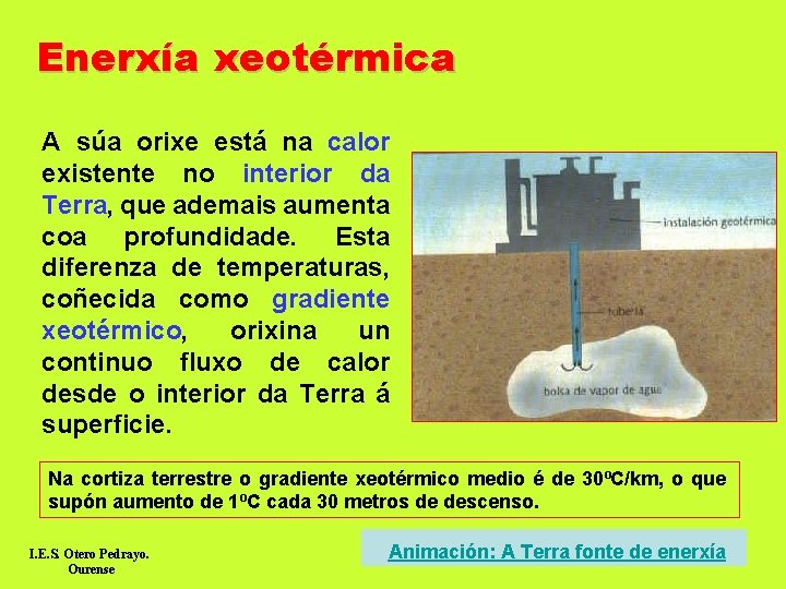 Enerxía xeotérmica A súa orixe está na calor existente no interior da Terra, que