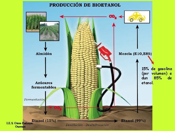 15% de gasolina (por volumen) e dun 85% de etanol. I. E. S. Otero