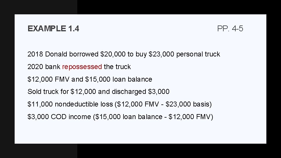 EXAMPLE 1. 4 PP. 4 -5 2018 Donald borrowed $20, 000 to buy $23,