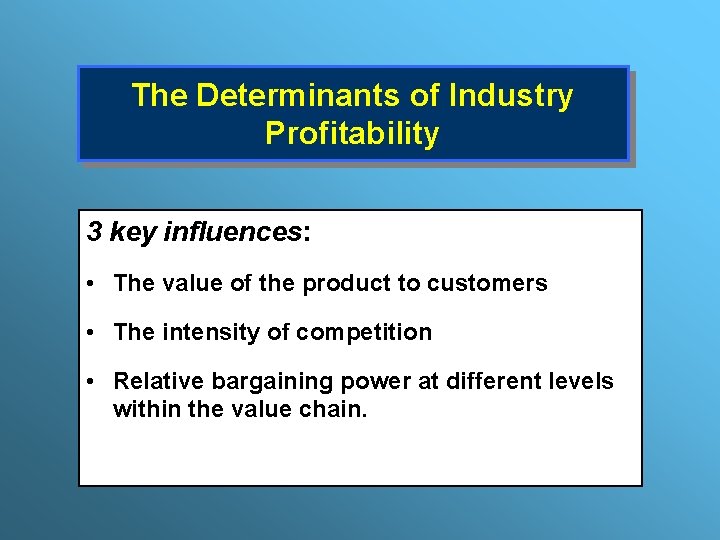 The Determinants of Industry Profitability 3 key influences: • The value of the product