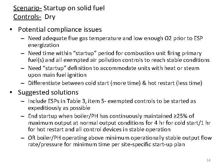 Scenario- Startup on solid fuel Controls- Dry • Potential compliance issues – Need adequate