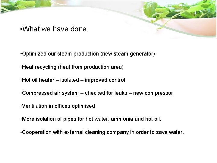  • What we have done. • Optimized our steam production (new steam generator)