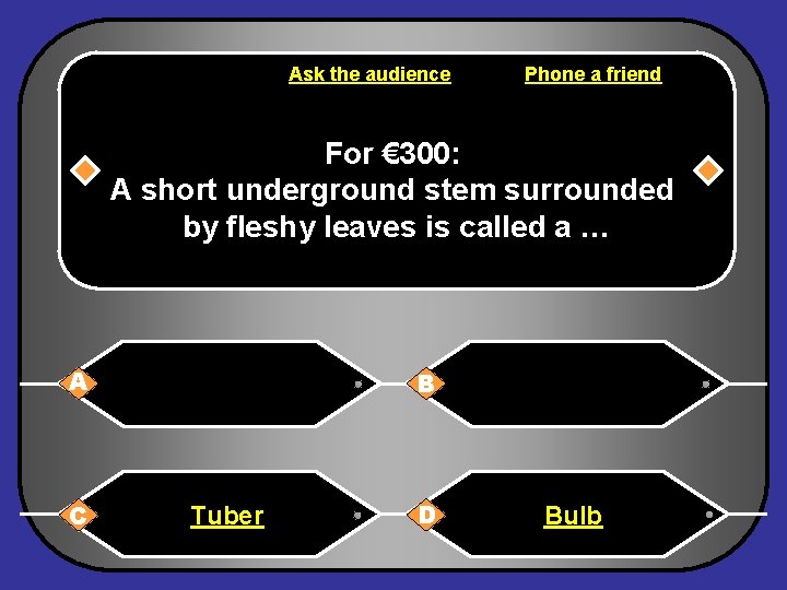 Ask the audience Phone a friend For € 300: A short underground stem surrounded