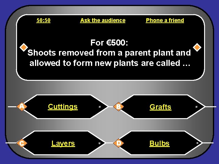 50: 50 Ask the audience Phone a friend For € 500: Shoots removed from