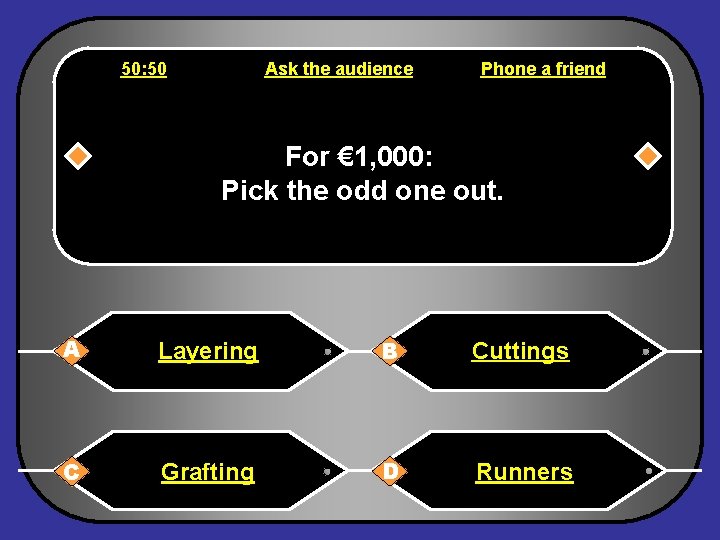 50: 50 Ask the audience Phone a friend For € 1, 000: Pick the