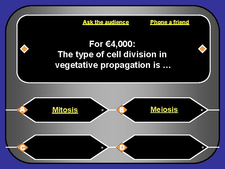 Ask the audience Phone a friend For € 4, 000: The type of cell