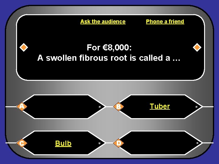 Ask the audience Phone a friend For € 8, 000: A swollen fibrous root