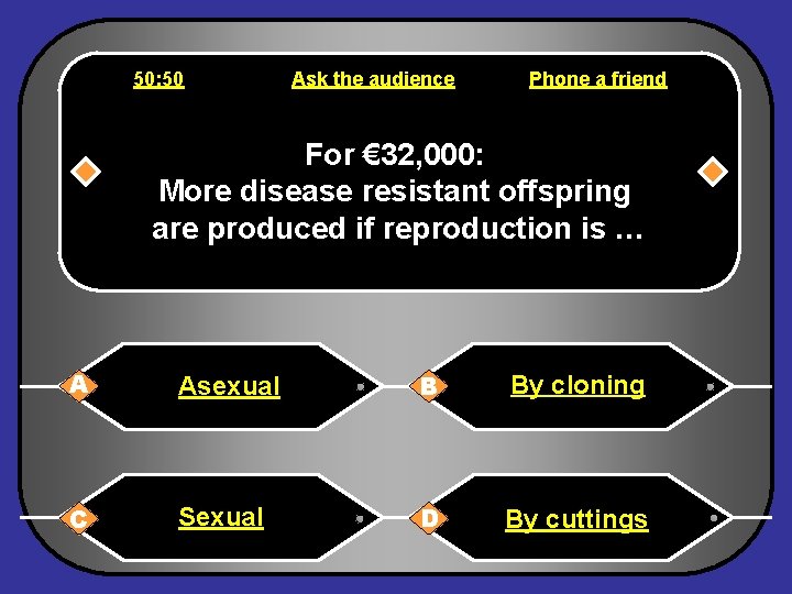 50: 50 Ask the audience Phone a friend For € 32, 000: More disease