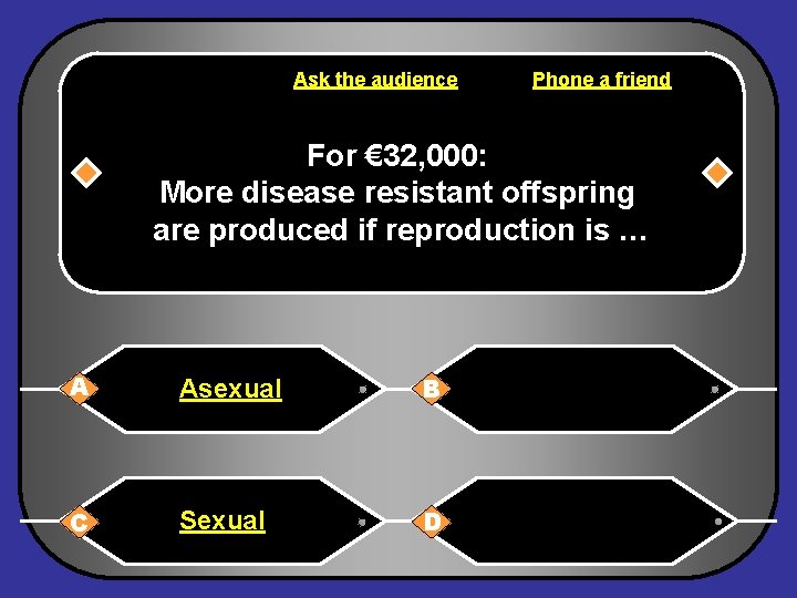 Ask the audience Phone a friend For € 32, 000: More disease resistant offspring