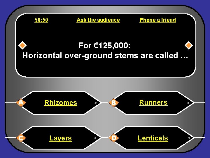 50: 50 Ask the audience Phone a friend For € 125, 000: Horizontal over-ground