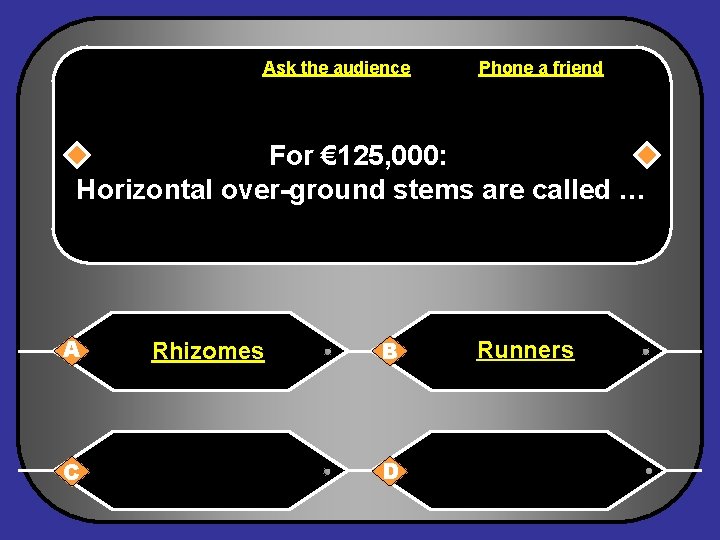 Ask the audience Phone a friend For € 125, 000: Horizontal over-ground stems are