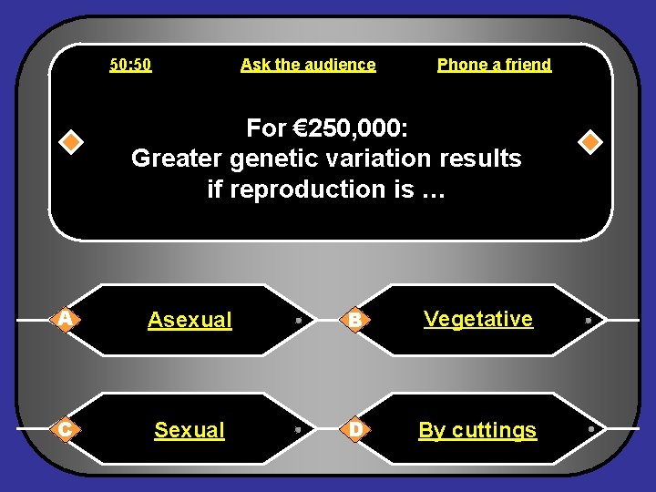 50: 50 Ask the audience Phone a friend For € 250, 000: Greater genetic