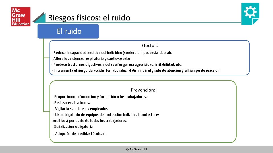 Riesgos físicos: el ruido Efectos: - Reduce la capacidad auditiva del individuo (sordera o