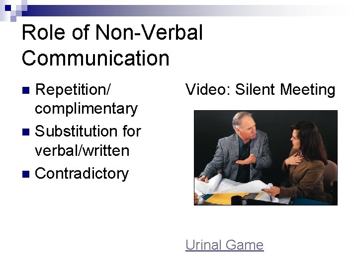 Role of Non-Verbal Communication Repetition/ complimentary n Substitution for verbal/written n Contradictory n Video: