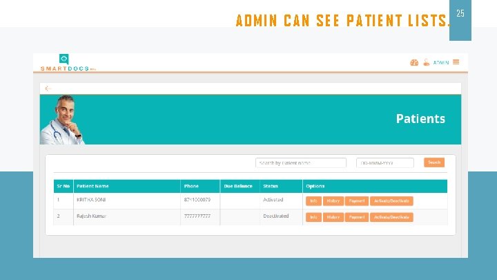 ADMIN CAN SEE PATIENT LISTS. 25 