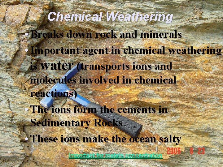 Limestone dissolved by naturally acidic rainwater Weathering and