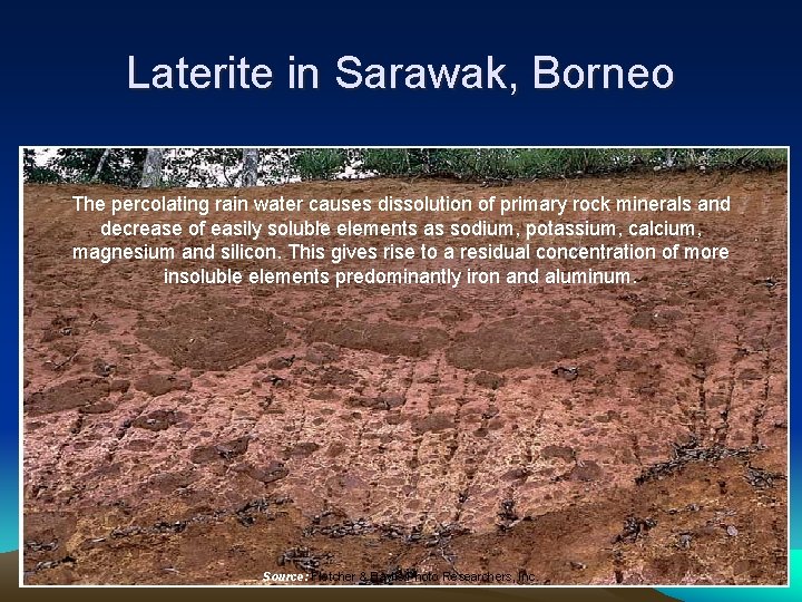 Laterite in Sarawak, Borneo The percolating rain water causes dissolution of primary rock minerals