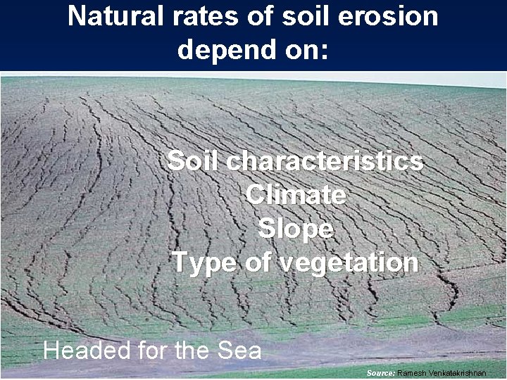 Natural rates of soil erosion depend on: Soil characteristics Climate Slope Type of vegetation
