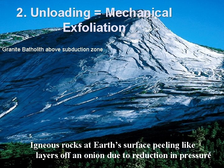 2. Unloading = Mechanical Exfoliation Granite Batholith above subduction zone Igneous rocks at Earth’s